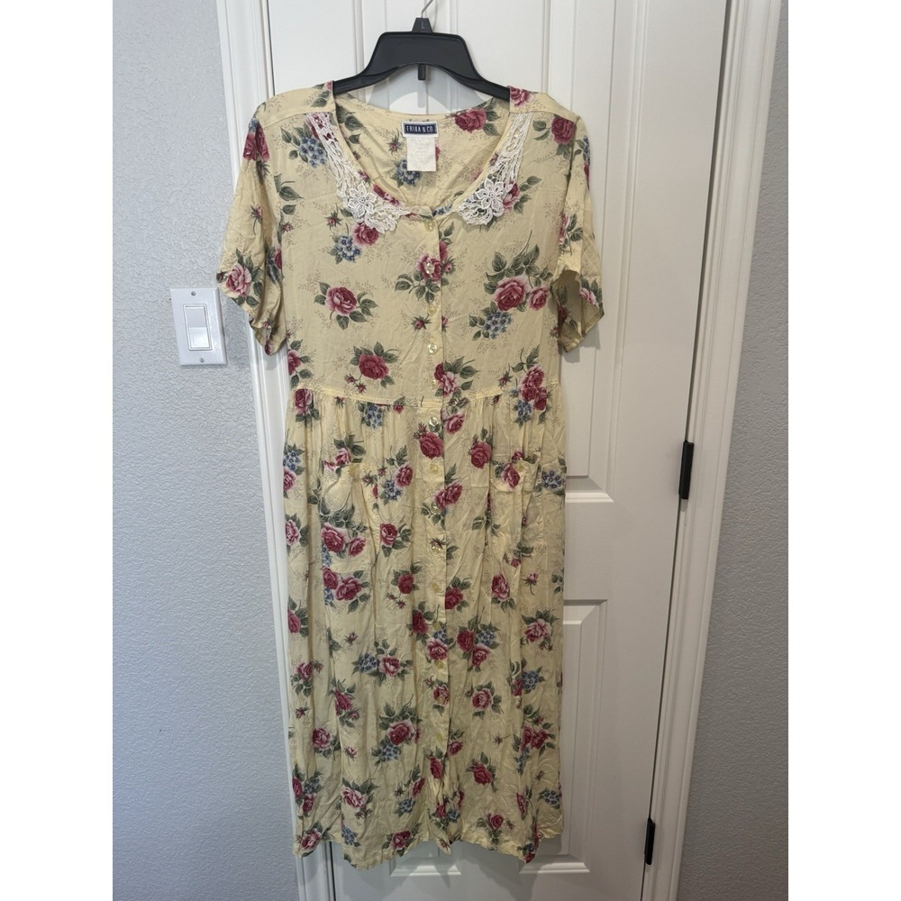 VTG Erika Pocket Dress Button Cottagecore Midi Babydoll Yellow Shabby Chic Large